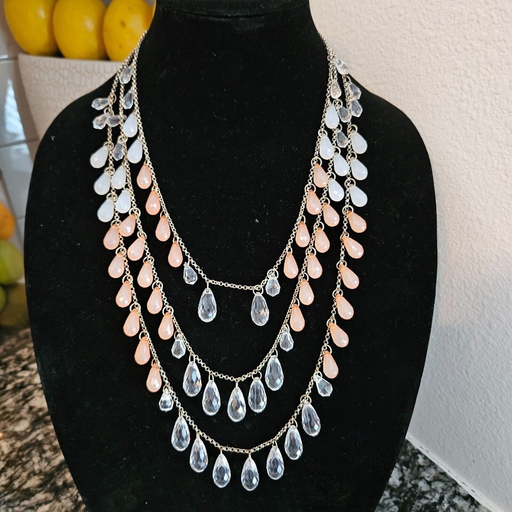 Multi Strand Dangle Bib Necklace Goldtone Peach, Clear, & milk acrylicBeads